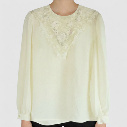 Synergy vintage ivory floral lace sheer blouse with long sleeves and embroidered lace bib front on model