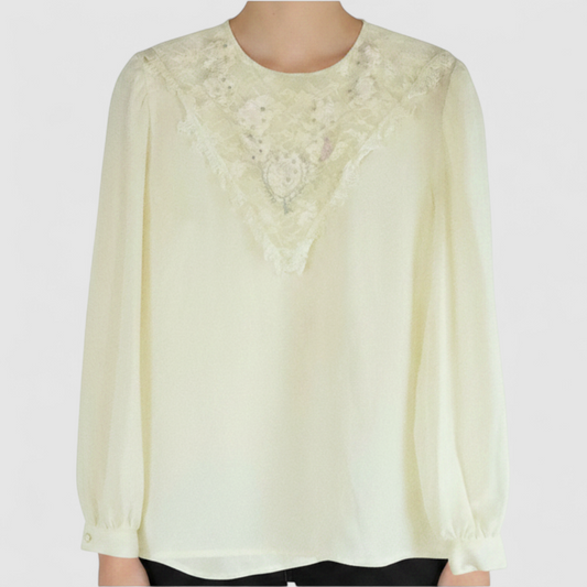 Synergy vintage ivory floral lace sheer blouse with long sleeves and embroidered lace bib front on model