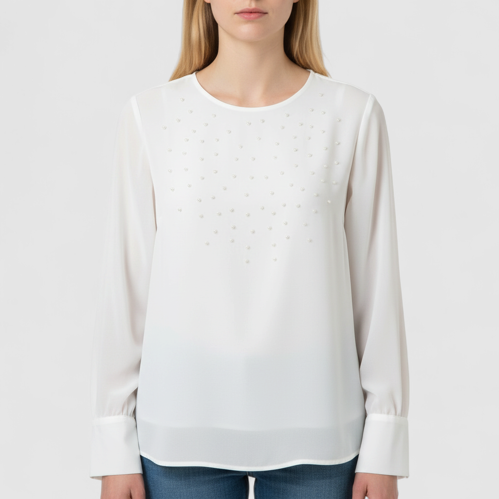 Anne Kriste vintage white sheer blouse with pearl beading on front and long sleeves with button cuffs hanging on hanger on model