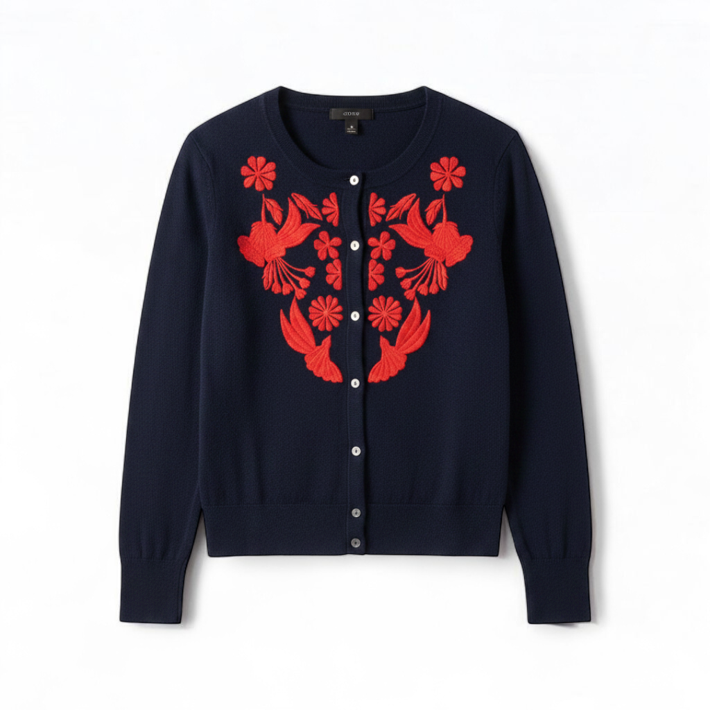 J Crew navy blue cardigan sweater with red embroidered floral design on front, button closure, long sleeves, and crew neck. front on white muslin photography backdrop
