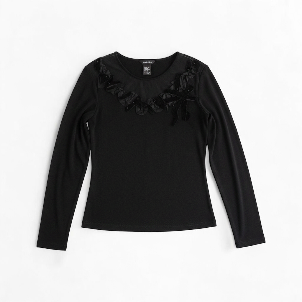 Beliza black velvet womens medium top with long sleeves and decorative velvet ribbon and bead trim at neckline on white hanger front on white muslin photography backdrop