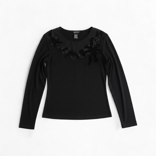 Beliza black velvet womens medium top with long sleeves and decorative velvet ribbon and bead trim at neckline on white hanger front on white muslin photography backdrop
