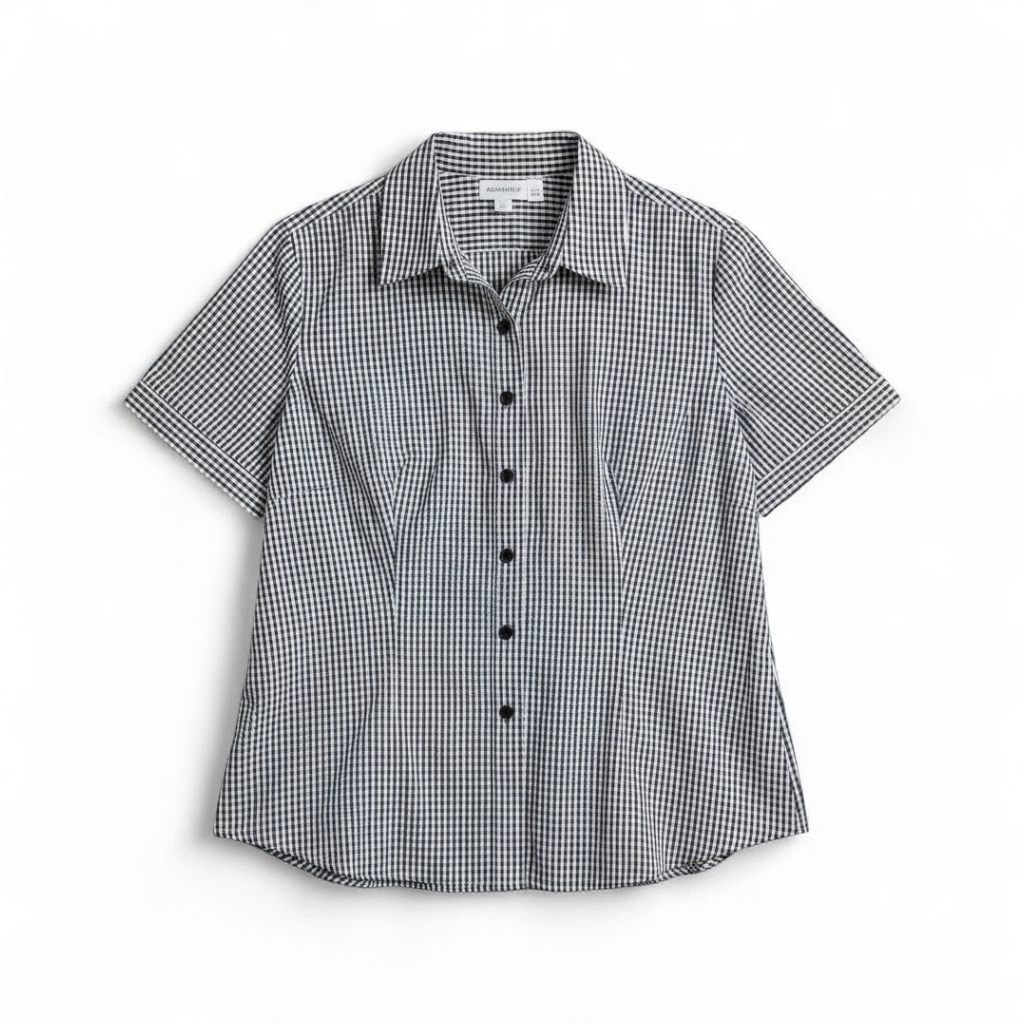 Emma James black and white checkered shirt vintage 18W plus size top women's front on white muslin photography backdrop