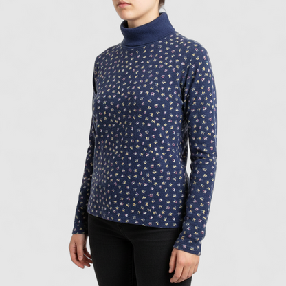 vintage GH Bass & Co blue floral cropped sweater with mock neck and long sleeves, women's xsmall size, good used condition on model