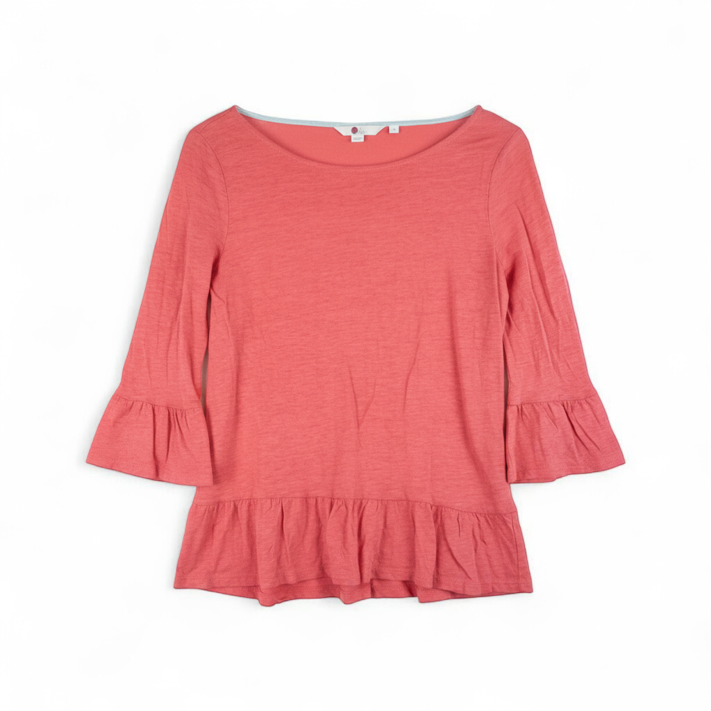 Boden Sophie Ruffle Linen Top in vintage pink front on white muslin photography backdrop