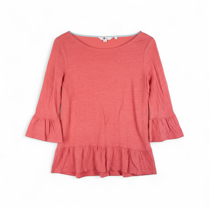 Boden Sophie Ruffle Linen Top in vintage pink front on white muslin photography backdrop