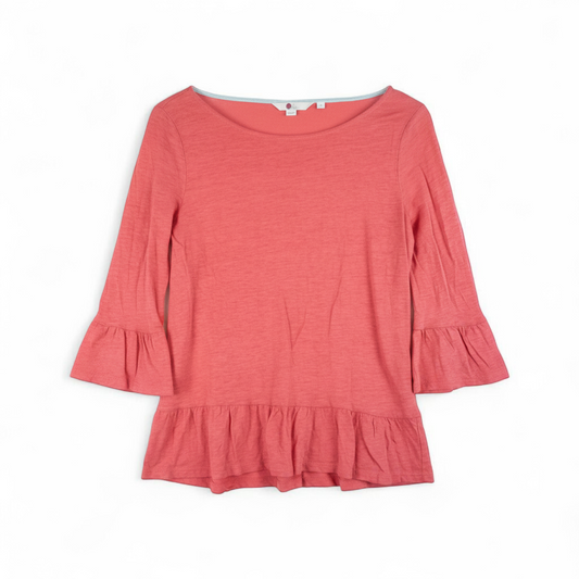 Boden Sophie Ruffle Linen Top in vintage pink front on white muslin photography backdrop