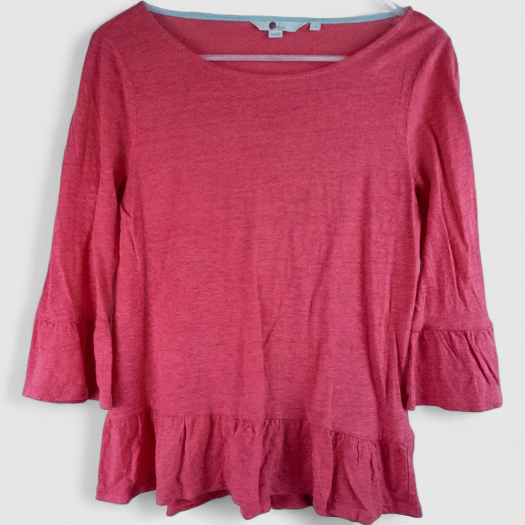 Boden Sophie Ruffle Linen Top in vintage pink on model
