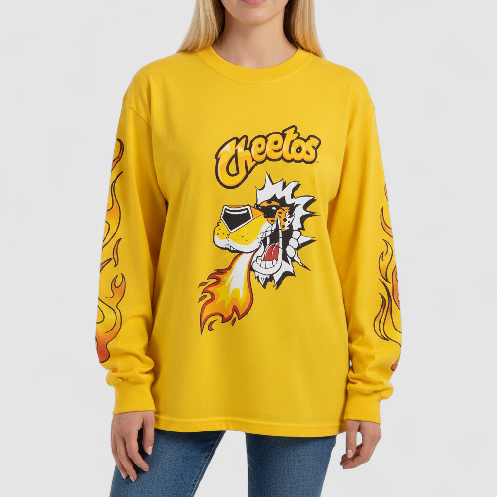 Yellow long sleeve shirt with Cheetos flame-breathing mascot graphic on front and flaming hot text on back on model