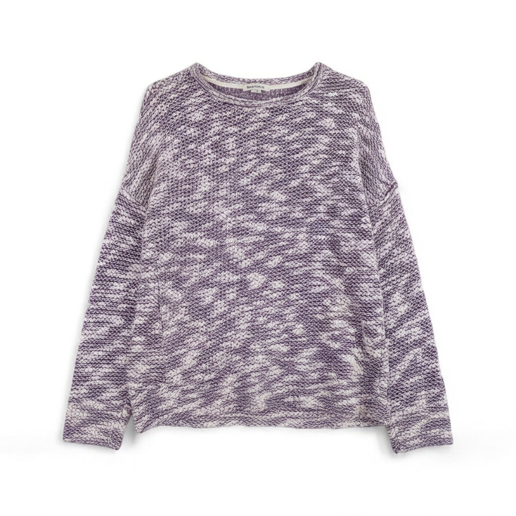 Purple and white striped open knit Fabletics sweater with textured yarn and relaxed oversized fit, shown front and close-up of knit texture and minor snags front on white muslin photography backdrop