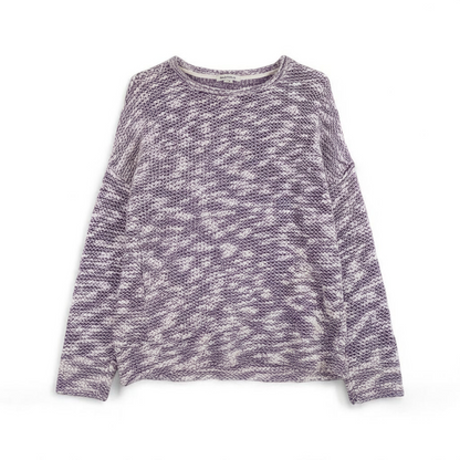 Purple and white striped open knit Fabletics sweater with textured yarn and relaxed oversized fit, shown front and close-up of knit texture and minor snags front on white muslin photography backdrop