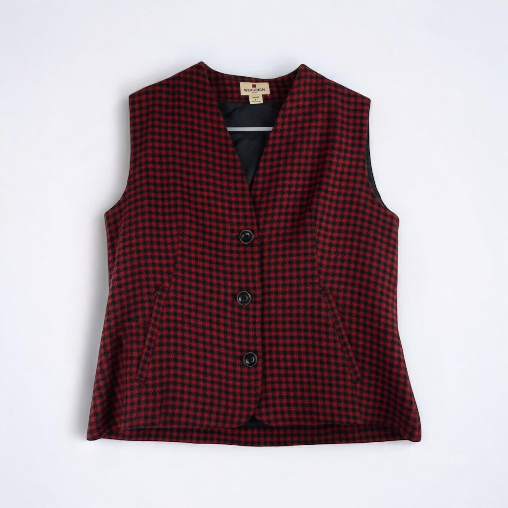 Woolrich Red Black Checked Wool Vest Vintage Large front on white muslin photography backdrop