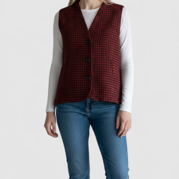 Woolrich Red Black Checked Wool Vest Vintage Large on model