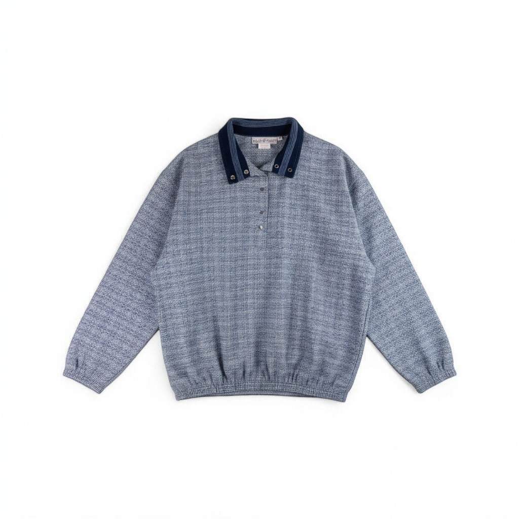 Bette & Court vintage blue check pullover shacket jacket for women size XLarge front on white muslin photography backdrop