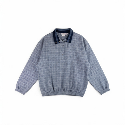 Bette & Court vintage blue check pullover shacket jacket for women size XLarge front on white muslin photography backdrop