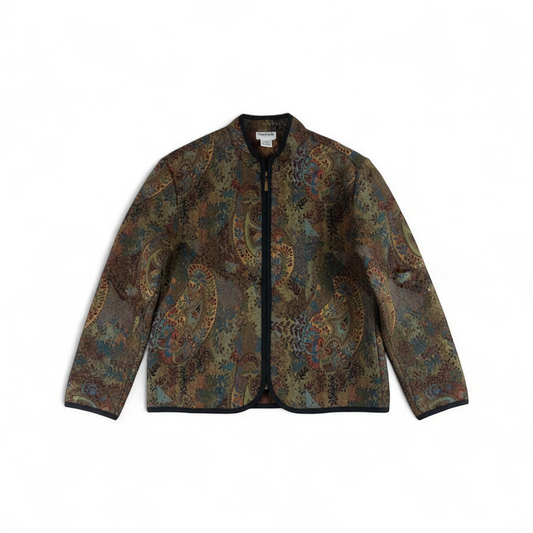 Bonworth vintage multicolor brown tapestry jacket with zipper front and relaxed silhouette on hanger front on white muslin photography backdrop