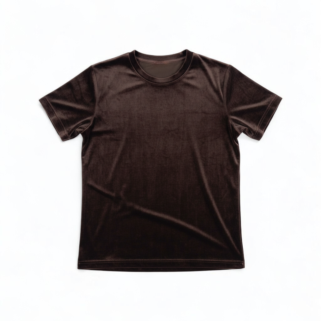 Williwear vintage brown velvet top with short sleeves and crew neckline hanging on a hanger front on white muslin photography backdrop