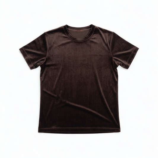 Williwear vintage brown velvet top with short sleeves and crew neckline hanging on a hanger front on white muslin photography backdrop