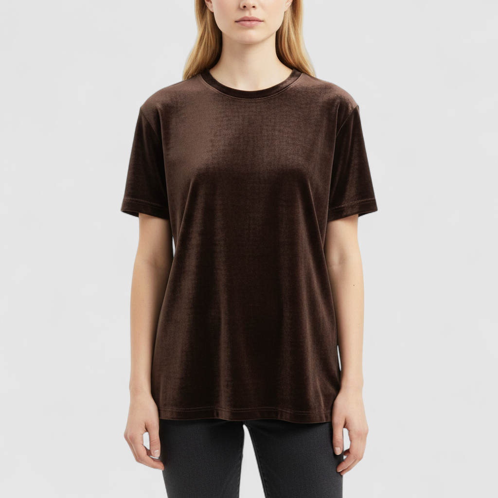 Williwear vintage brown velvet top with short sleeves and crew neckline hanging on a hanger on model