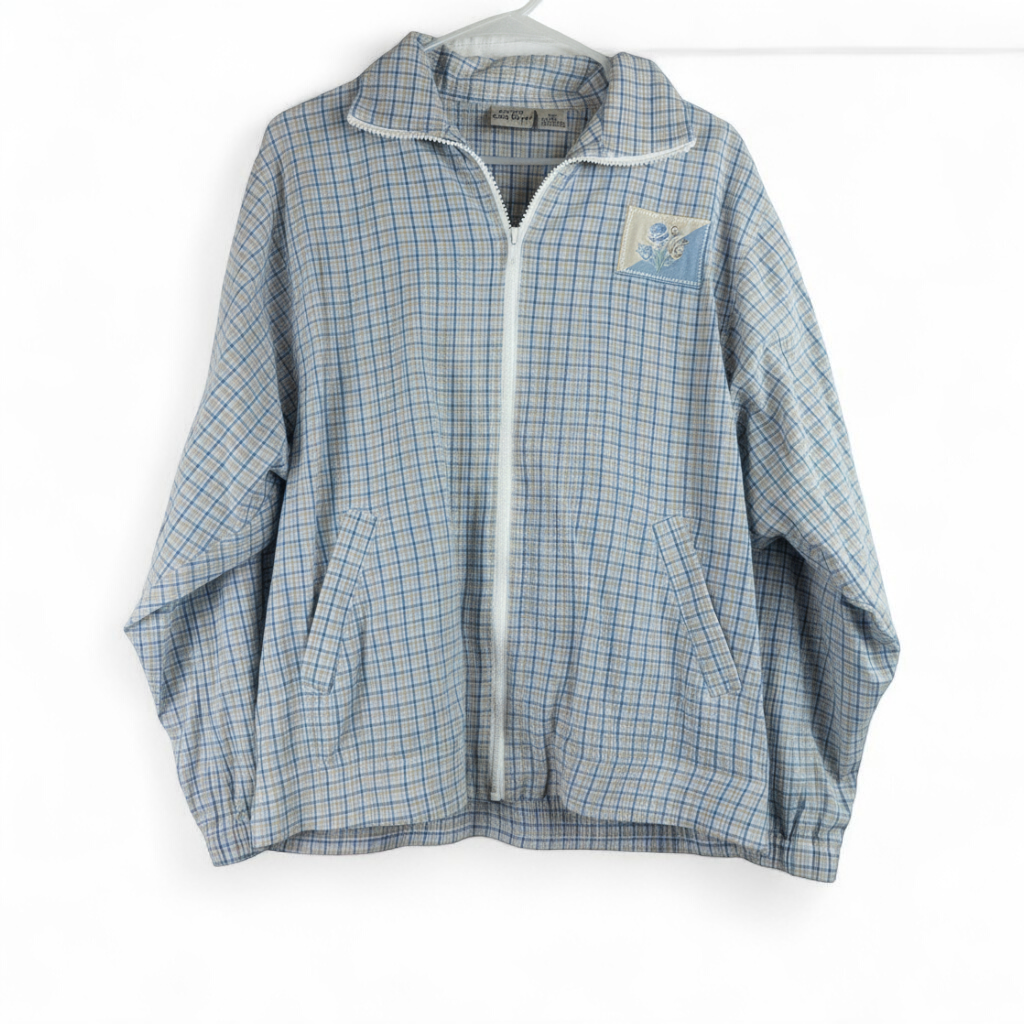 Koret vintage blue and white check striped jacket with floral patch embroidery and white zipper front closure front on white muslin photography backdrop