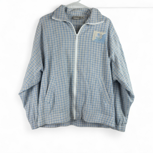 Koret vintage blue and white check striped jacket with floral patch embroidery and white zipper front closure front on white muslin photography backdrop