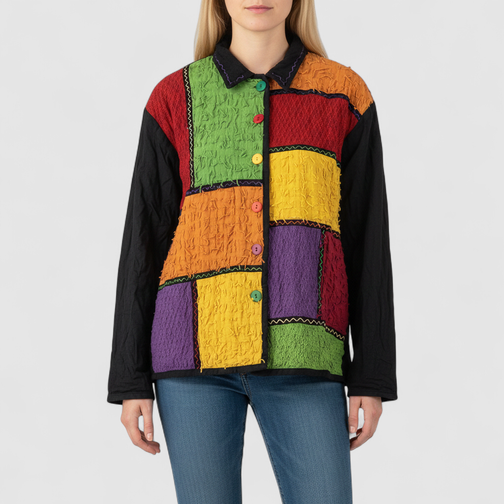Island Scene vintage 1990s women's large rainbow patchwork jacket with textured knit panels and multicolor buttons on model