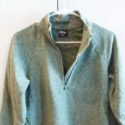 Eddie Bauer green quarter zip sweatshirt hanging on a plastic hanger showing front, back, collar, and inside label image 3