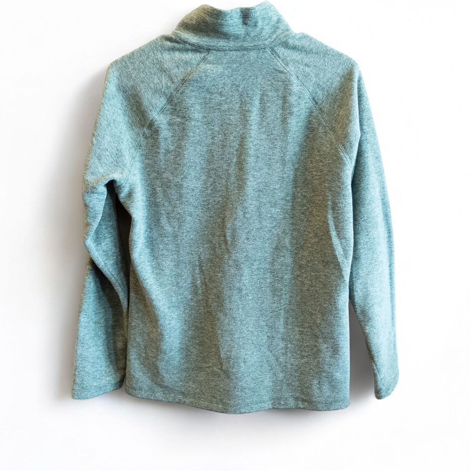 Eddie Bauer green quarter zip sweatshirt hanging on a plastic hanger showing front, back, collar, and inside label image 5