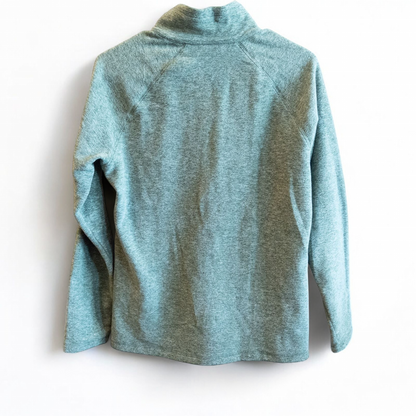 Eddie Bauer green quarter zip sweatshirt hanging on a plastic hanger showing front, back, collar, and inside label image 5
