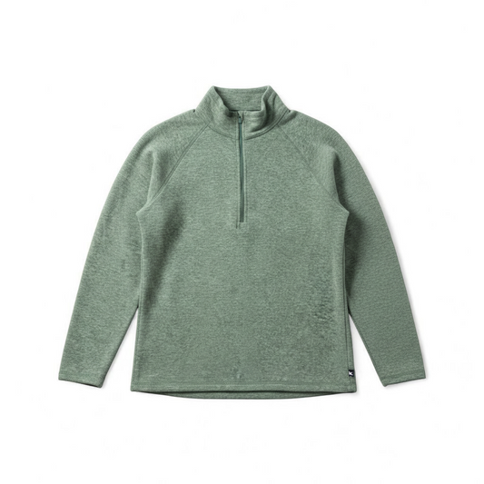 Eddie Bauer green quarter zip sweatshirt hanging on a plastic hanger showing front, back, collar, and inside label front on white muslin photography backdrop