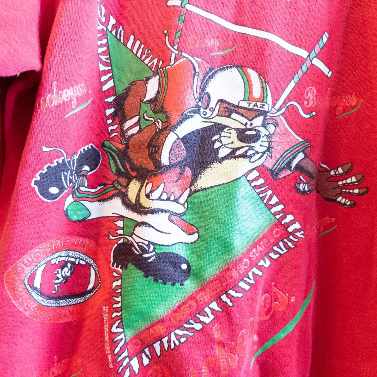 Vintage red Hanes sweatshirt with Looney Tunes Taz football graphic and Ohio State Buckeyes branding front view image 2