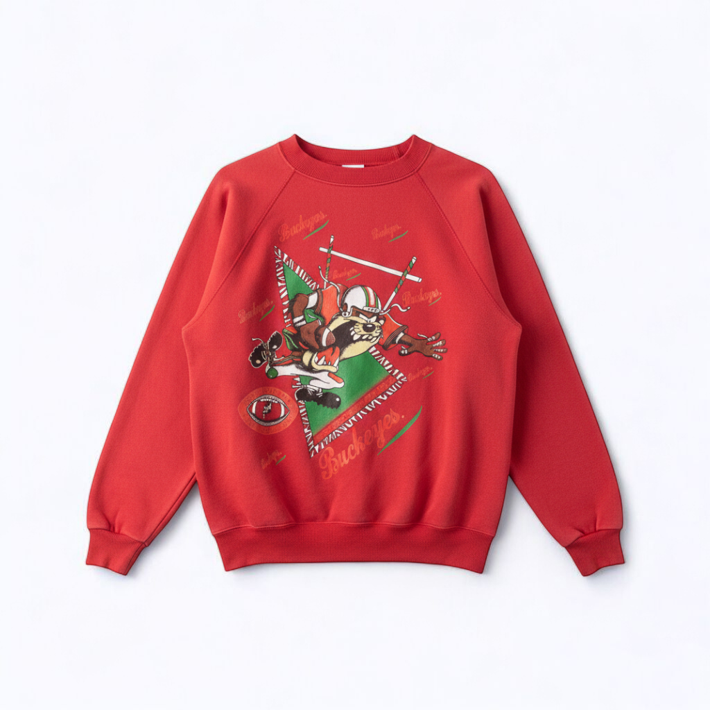 Vintage red Hanes sweatshirt with Looney Tunes Taz football graphic and Ohio State Buckeyes branding front view front on white muslin photography backdrop