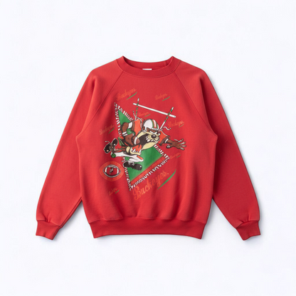 Vintage red Hanes sweatshirt with Looney Tunes Taz football graphic and Ohio State Buckeyes branding front view front on white muslin photography backdrop