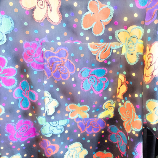 Worthington vintage black blouse with colorful purple floral and polka dot print, short sleeves, and padded shoulders. image 2