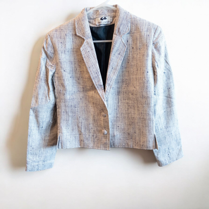 Clare Joseph vintage blue and white raw silk blazer with padded shoulders and two button closure hanging on hanger