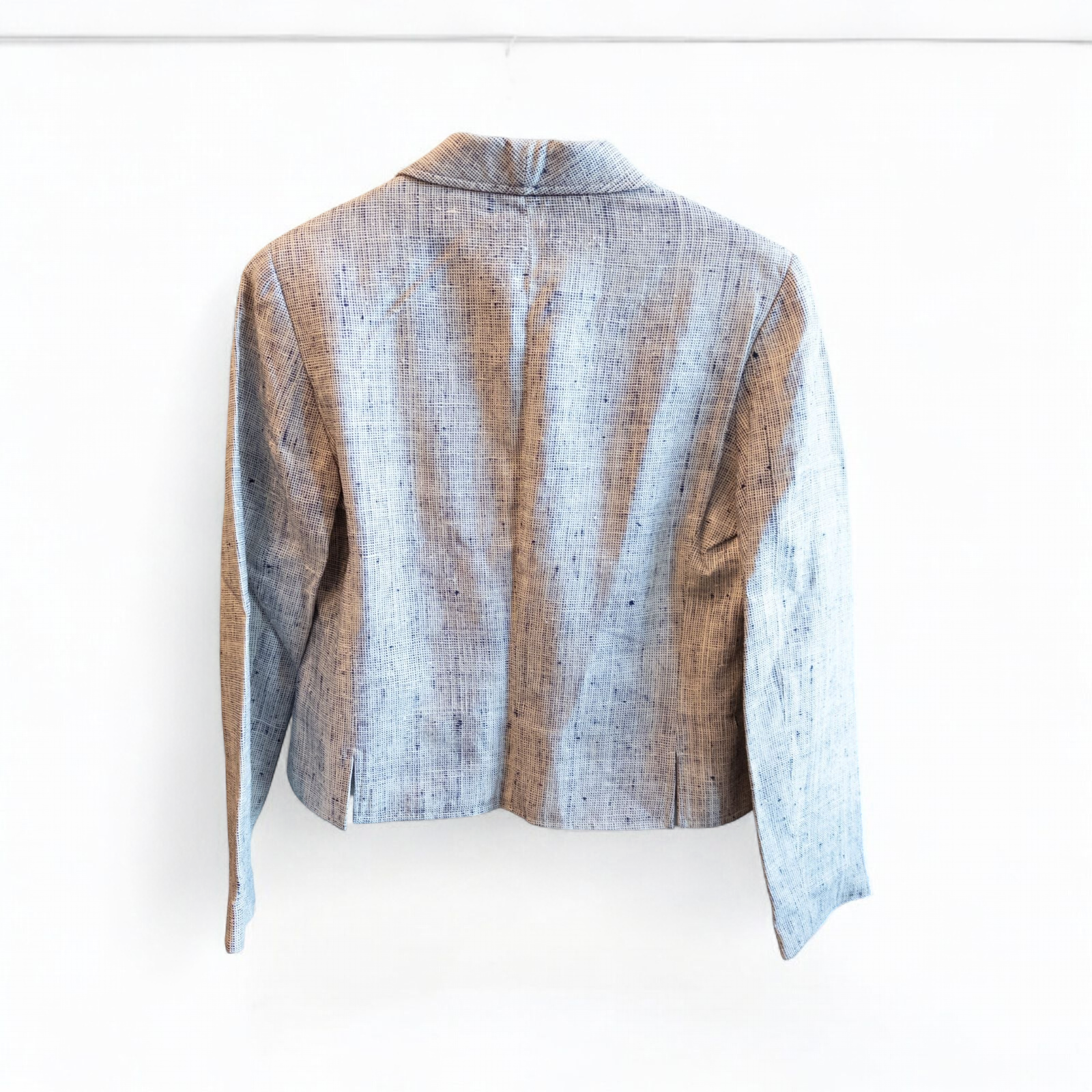 Clare Joseph vintage blue and white raw silk blazer with padded shoulders and two button closure hanging on hanger image 5