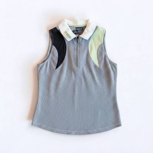 Jamie Sadock vintage 1990s black polo tank top with half zip and color block detail size medium front on white muslin photography backdrop