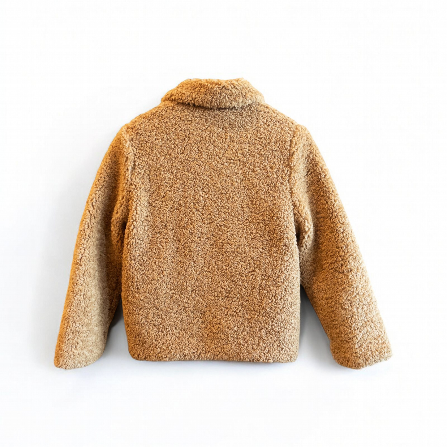 Zara brown teddy bear coat kids size 13 14 hanging on wall, showing front, back, inside lining and close up details of pockets and buttons image 7