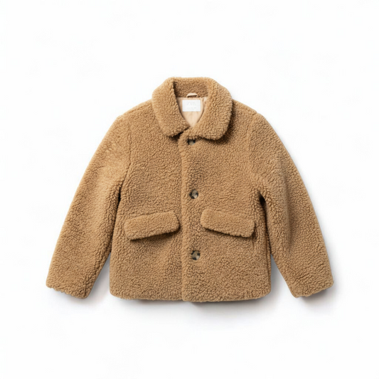 Zara brown teddy bear coat kids size 13 14 hanging on wall, showing front, back, inside lining and close up details of pockets and buttons front on white muslin photography backdrop