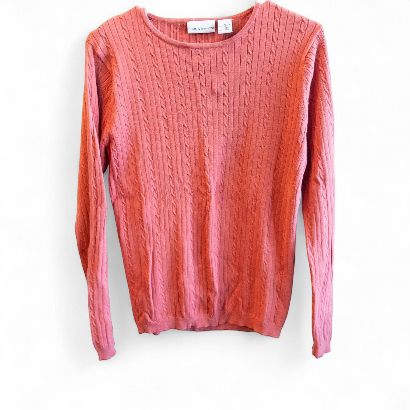 Croft & Barrow pink cotton cable knit sweater women's medium with crew neck and pullover style shown front and back with small hole on front.