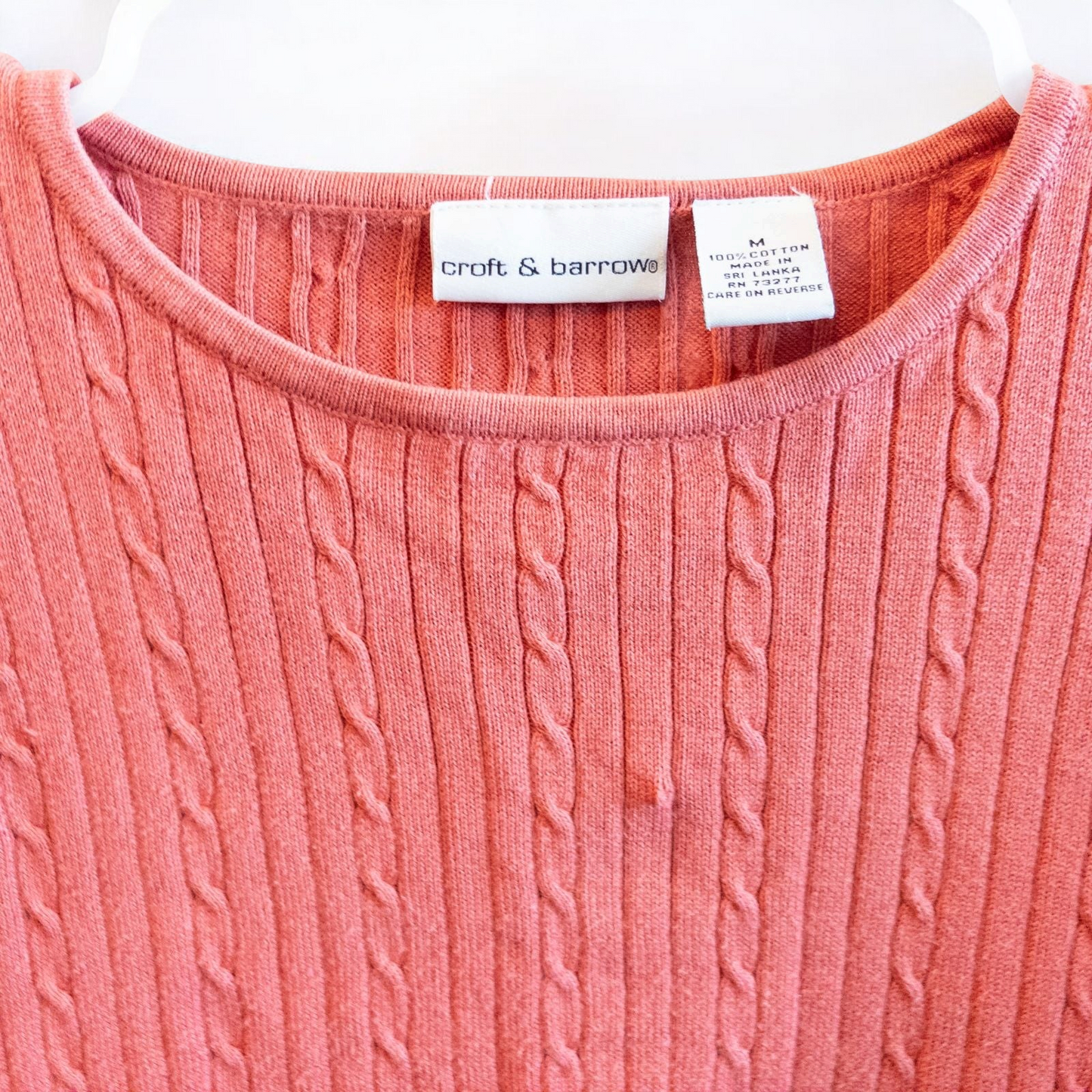 Croft & Barrow pink cotton cable knit sweater women's medium with crew neck and pullover style shown front and back with small hole on front. image 2
