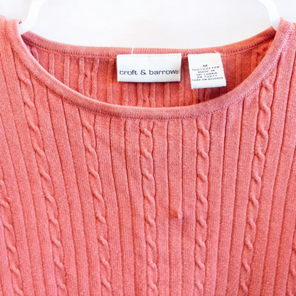 Croft & Barrow pink cotton cable knit sweater women's medium with crew neck and pullover style shown front and back with small hole on front. image 2