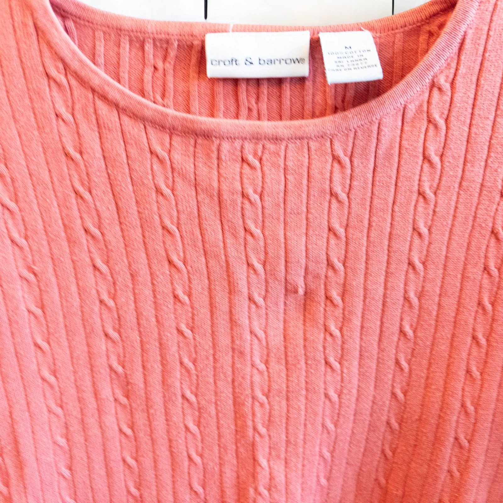 Croft & Barrow pink cotton cable knit sweater women's medium with crew neck and pullover style shown front and back with small hole on front. image 4