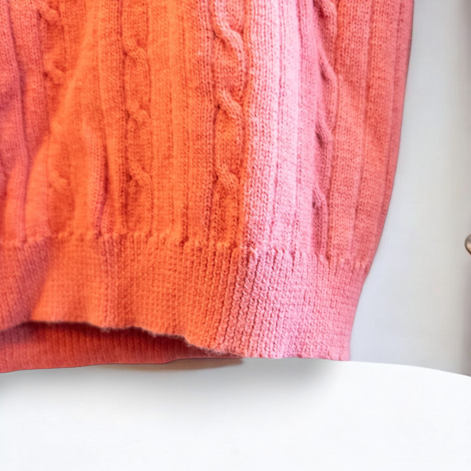 Croft & Barrow pink cotton cable knit sweater women's medium with crew neck and pullover style shown front and back with small hole on front. image 5