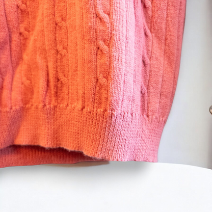 Croft & Barrow pink cotton cable knit sweater women's medium with crew neck and pullover style shown front and back with small hole on front. image 5
