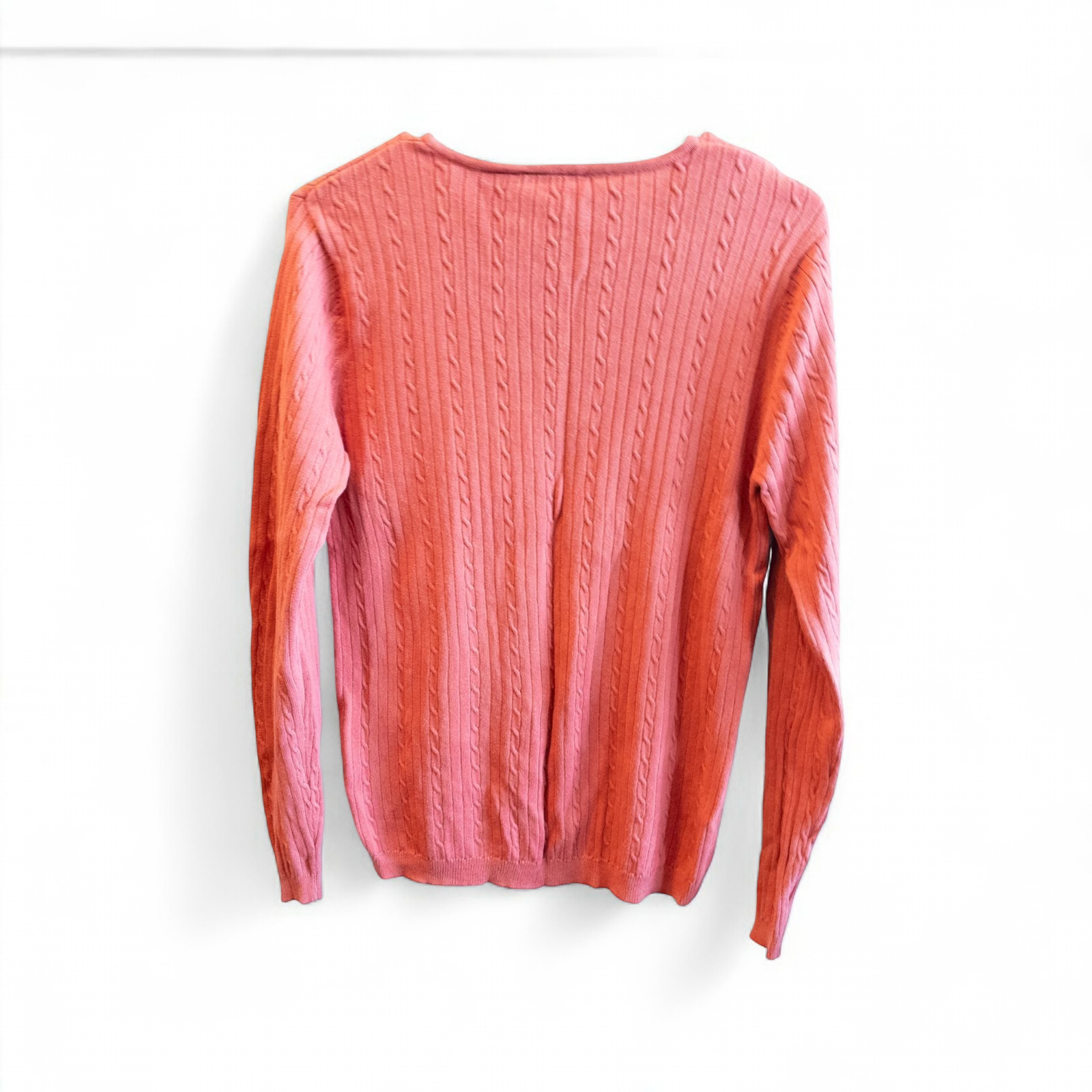 Croft & Barrow pink cotton cable knit sweater women's medium with crew neck and pullover style shown front and back with small hole on front. image 6