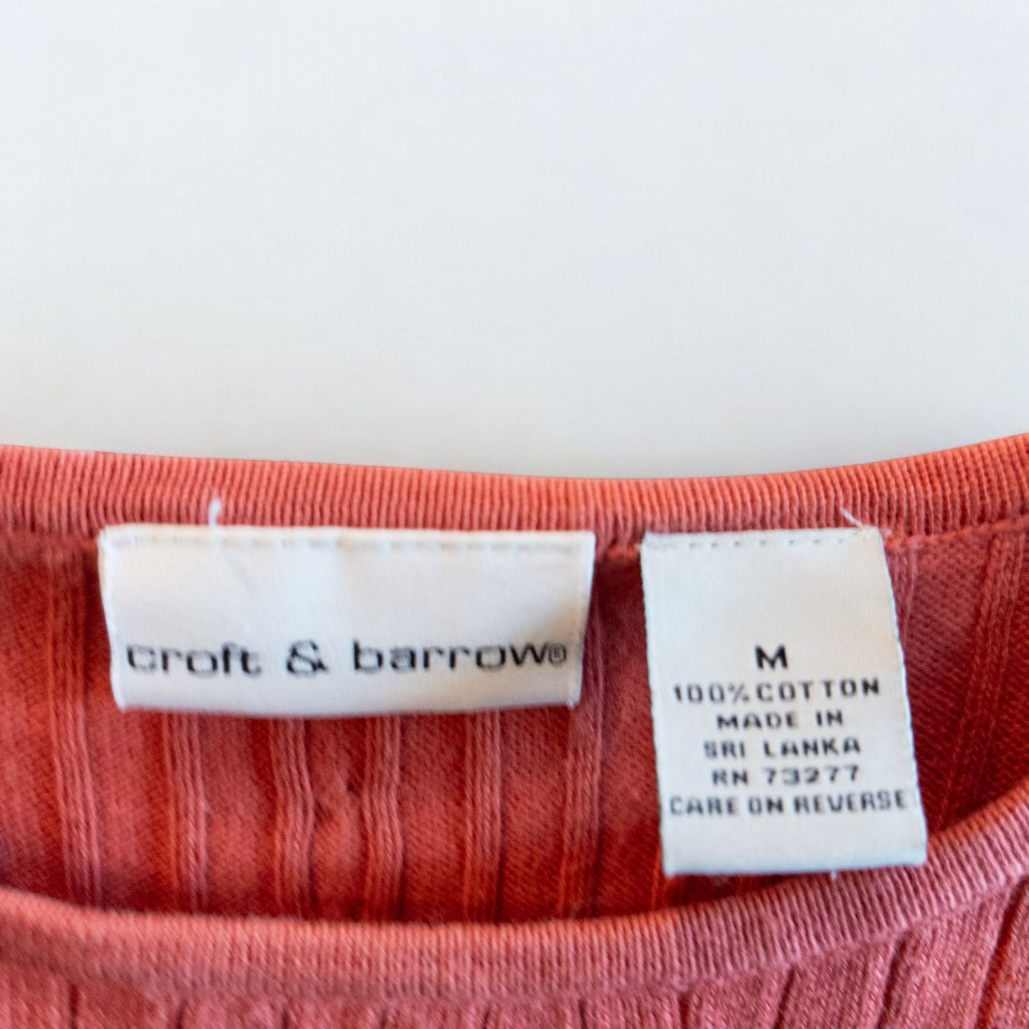 Croft & Barrow pink cotton cable knit sweater women's medium with crew neck and pullover style shown front and back with small hole on front. image 7