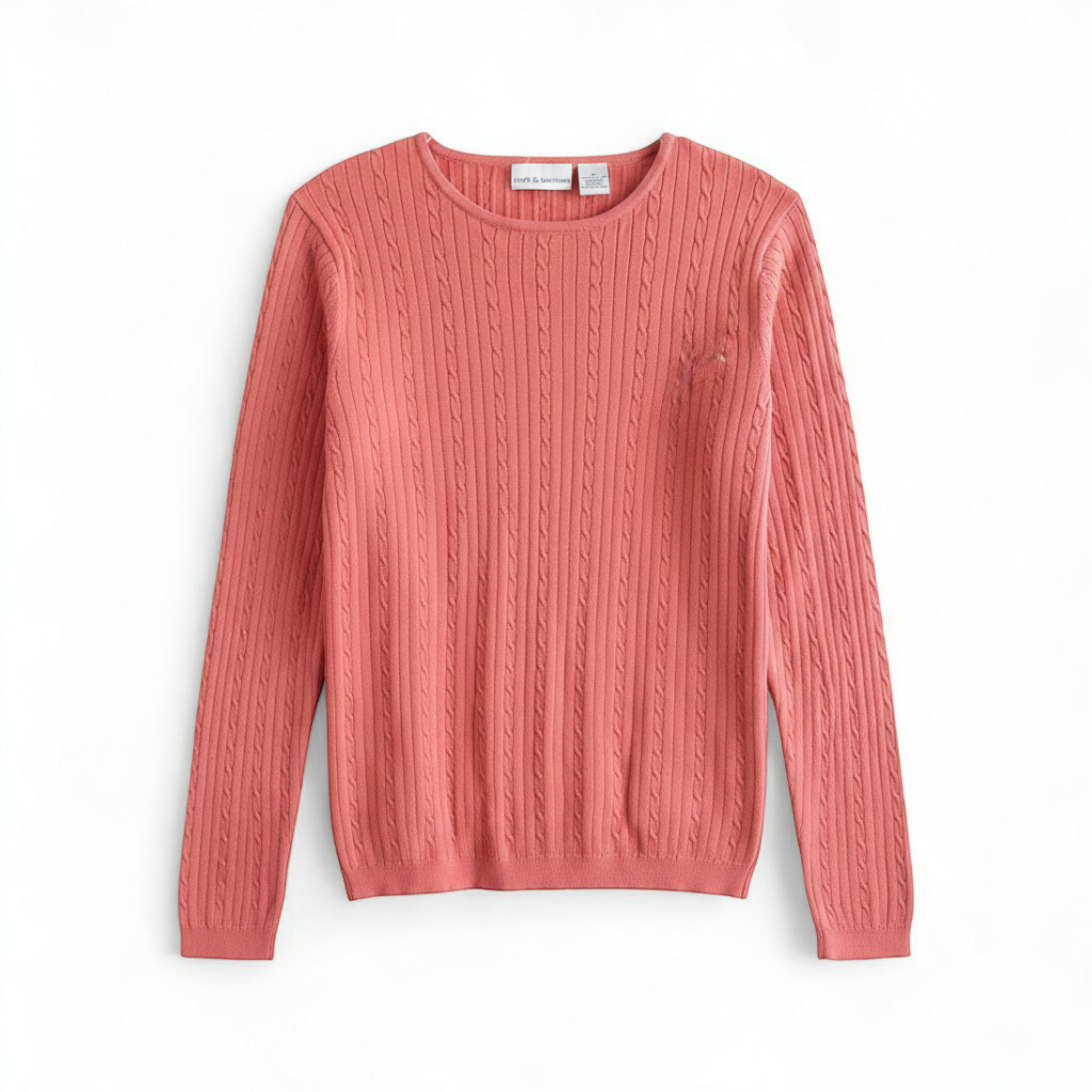 Croft & Barrow pink cotton cable knit sweater women's medium with crew neck and pullover style shown front and back with small hole on front. front on white muslin photography backdrop