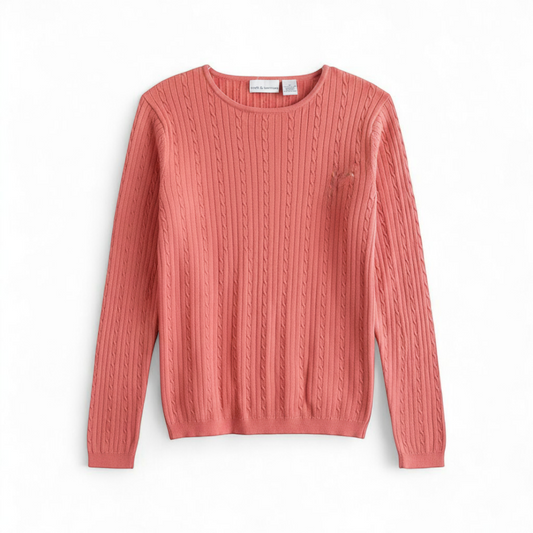 Croft & Barrow pink cotton cable knit sweater women's medium with crew neck and pullover style shown front and back with small hole on front. front on white muslin photography backdrop