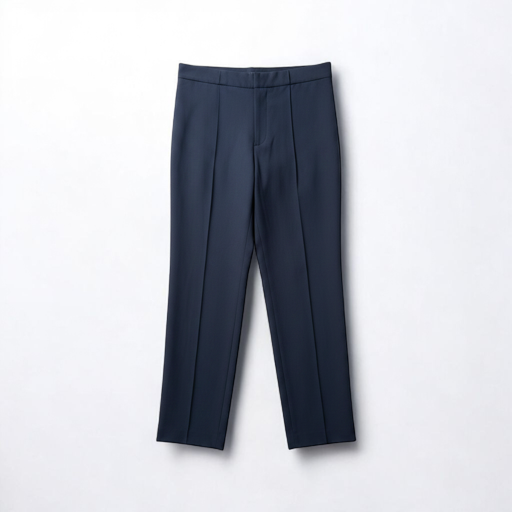 Gray MM LaFleur tech pants hanging on a hanger front and back views with close up of waistband, zipper, and label front on white muslin photography backdrop